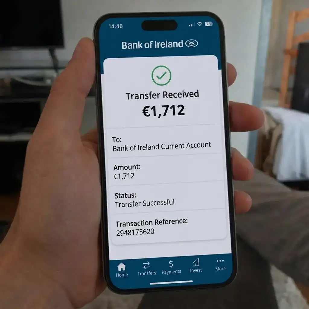 Bank of Ireland statement screenshot: transfer of €1,415 from BitMeridian AI Ltd.