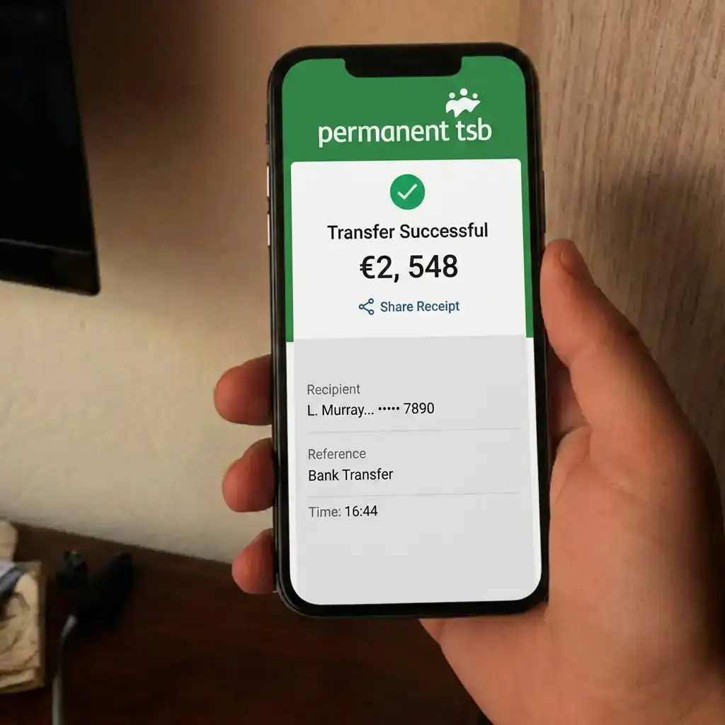 Permanent TSB statement screenshot: transfer of €1,179 from BitMeridian AI Ltd.